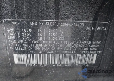 2025 Subaru Legacy Premium from USA, damaged, VIN 4S3BWAD6XS3002044